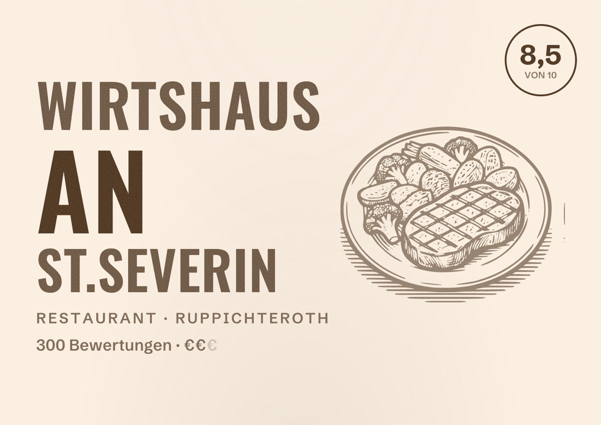 Illustriertes Poster von Wirtshaus an St.Severin, Restaurant in Ruppichteroth: Bewertung 8,5 von 10 aus 300 Bewertungen, Preisniveau €€
