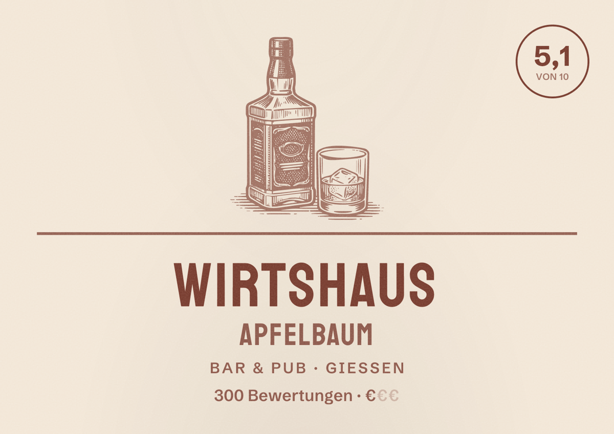 Illustriertes Poster von Wirtshaus Apfelbaum, Bar & Pub in Gießen: Bewertung 5,1 von 10 aus 300 Bewertungen, Preisniveau €