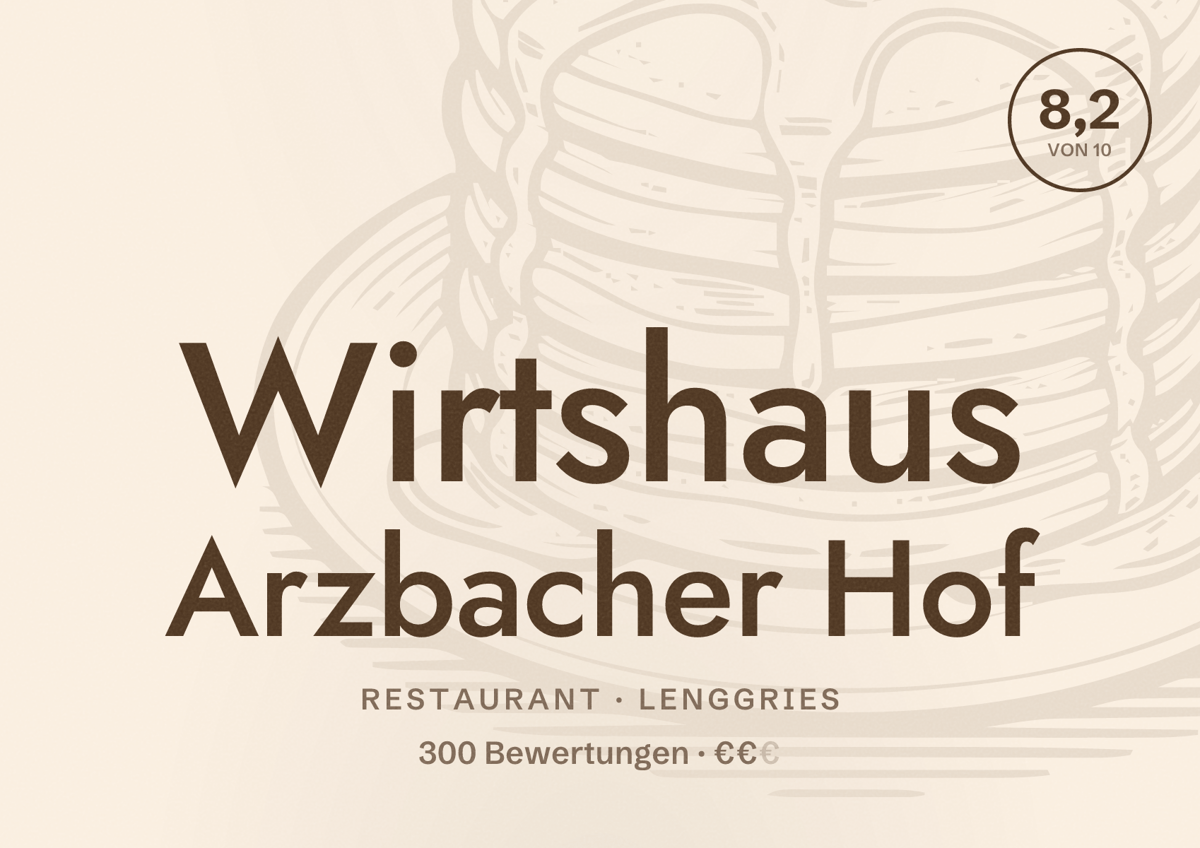Illustriertes Poster von Wirtshaus Arzbacher Hof, Restaurant in Lenggries: Bewertung 8,2 von 10 aus 300 Bewertungen, Preisniveau €€