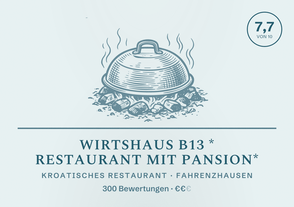 Illustriertes Poster von Wirtshaus B13 * Restaurant mit Pansion*, Kroatisches Restaurant in Fahrenzhausen: Bewertung 7,7 von 10 aus 300 Bewertungen, Preisniveau €€