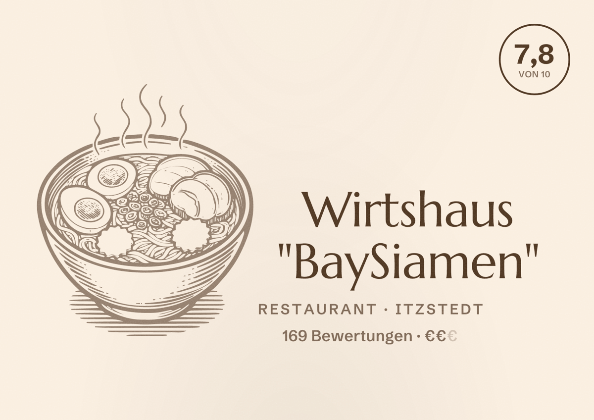 Illustriertes Poster von Wirtshaus "BaySiamen", Restaurant in Itzstedt: Bewertung 7,8 von 10 aus 169 Bewertungen, Preisniveau €€