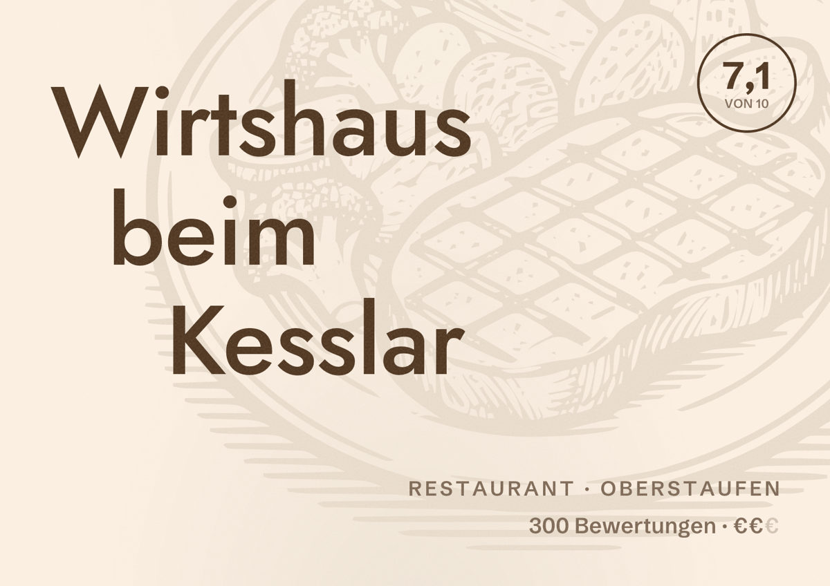 Illustriertes Poster von Wirtshaus beim Kesslar, Restaurant in Oberstaufen: Bewertung 7,1 von 10 aus 300 Bewertungen, Preisniveau €€