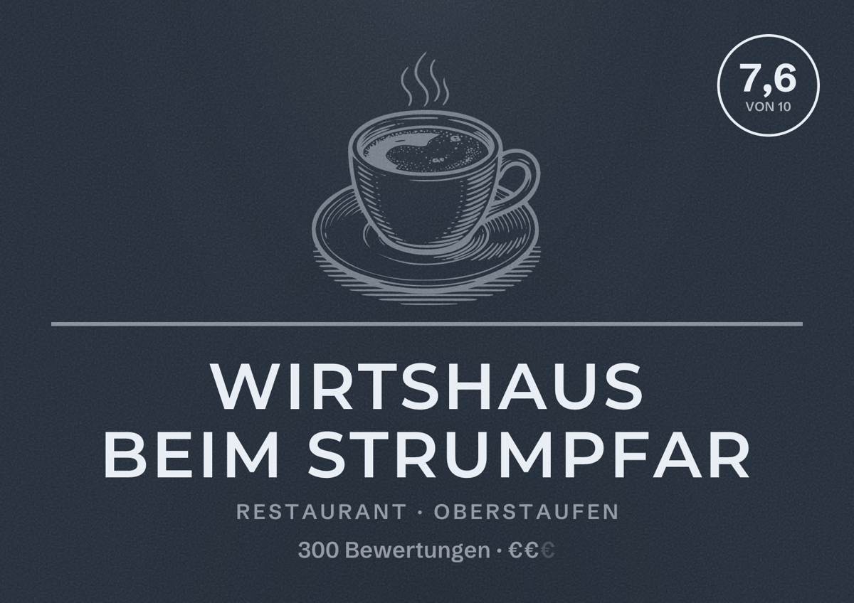 Illustriertes Poster von Wirtshaus beim Strumpfar, Restaurant in Oberstaufen: Bewertung 7,6 von 10 aus 300 Bewertungen, Preisniveau €€