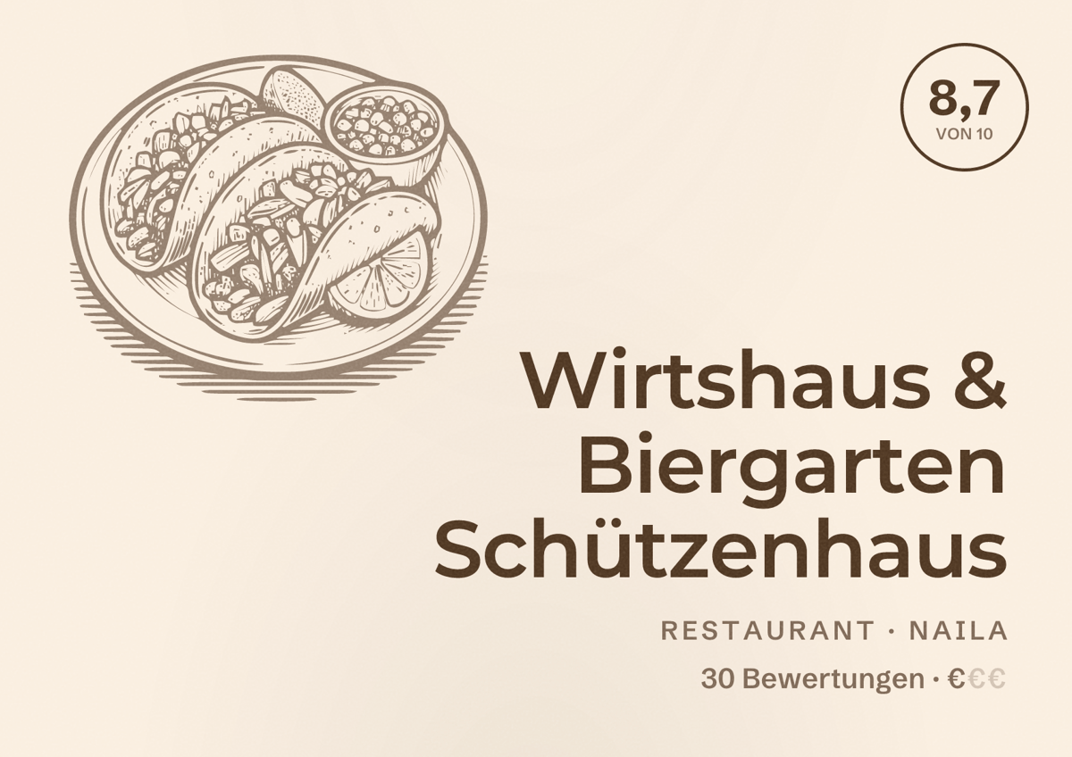 Illustriertes Poster von Wirtshaus & Biergarten Schützenhaus, Restaurant in Naila: Bewertung 8,7 von 10 aus 30 Bewertungen, Preisniveau €
