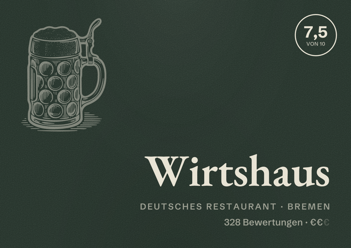 Illustriertes Poster von Wirtshaus, Deutsches Restaurant in Bremen: Bewertung 7,5 von 10 aus 328 Bewertungen, Preisniveau €€