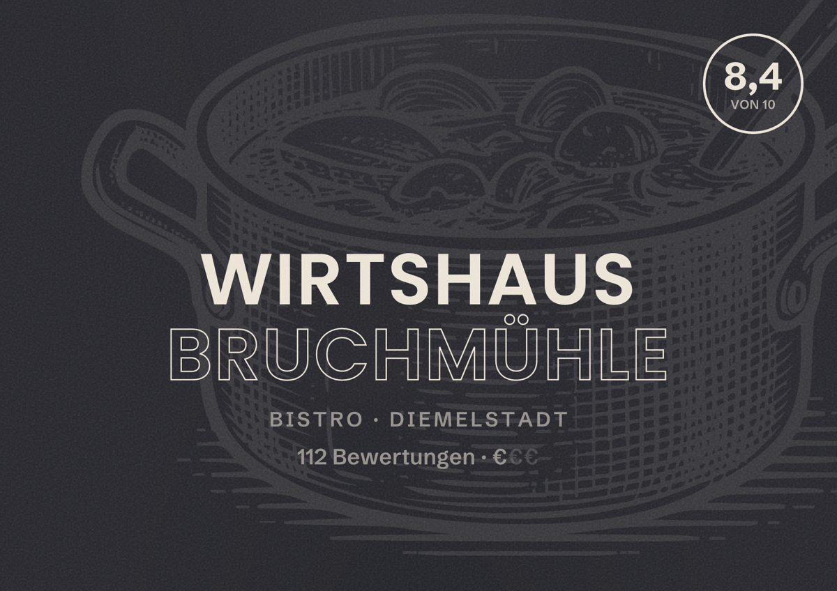 Illustriertes Poster von Wirtshaus Bruchmühle, Bistro in Diemelstadt: Bewertung 8,4 von 10 aus 112 Bewertungen, Preisniveau €