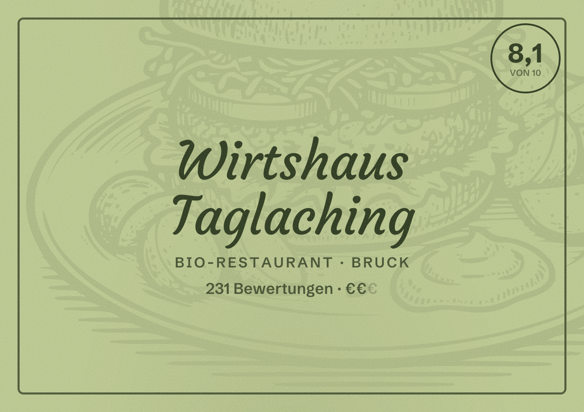 Illustriertes Poster von Wirtshaus Taglaching, Bio-Restaurant in Bruck: Bewertung 8,1 von 10 aus 231 Bewertungen, Preisniveau €€