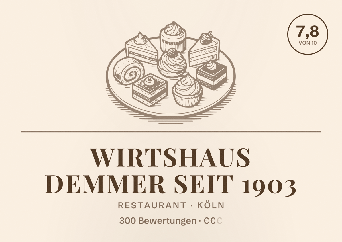 Illustriertes Poster von Wirtshaus Demmer seit 1903, Restaurant in Köln: Bewertung 7,8 von 10 aus 300 Bewertungen, Preisniveau €€