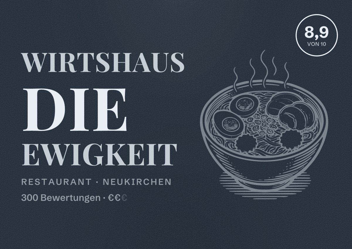 Illustriertes Poster von Wirtshaus Die Ewigkeit, Restaurant in Neukirchen: Bewertung 8,9 von 10 aus 300 Bewertungen, Preisniveau €€