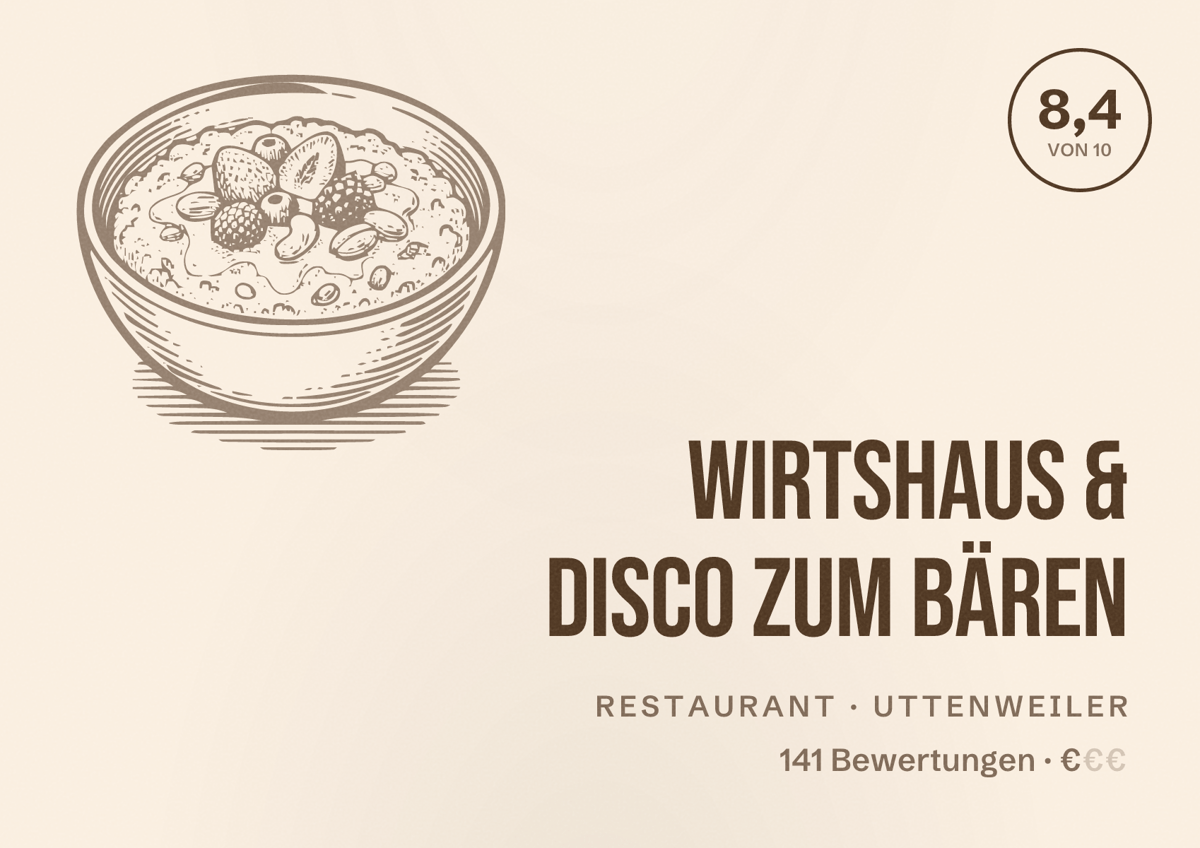 Illustriertes Poster von Wirtshaus & Disco Zum Bären, Restaurant in Uttenweiler: Bewertung 8,4 von 10 aus 141 Bewertungen, Preisniveau €