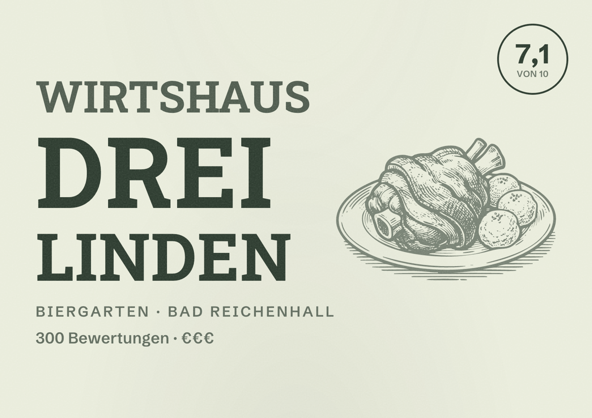 Illustriertes Poster von Wirtshaus Drei Linden, Biergarten in Bad Reichenhall: Bewertung 7,1 von 10 aus 300 Bewertungen, Preisniveau €€€