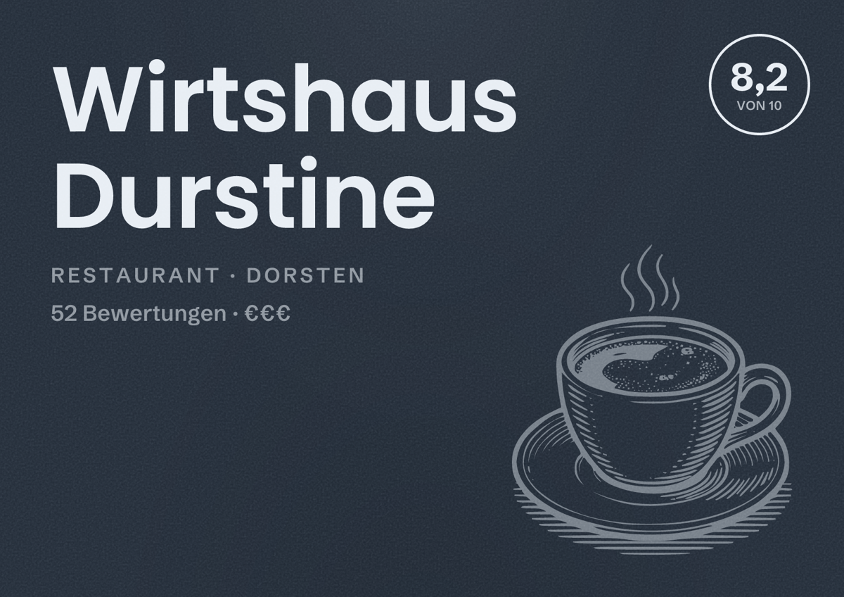 Illustriertes Poster von Wirtshaus Durstine, Restaurant in Dorsten: Bewertung 8,2 von 10 aus 52 Bewertungen, Preisniveau €€€