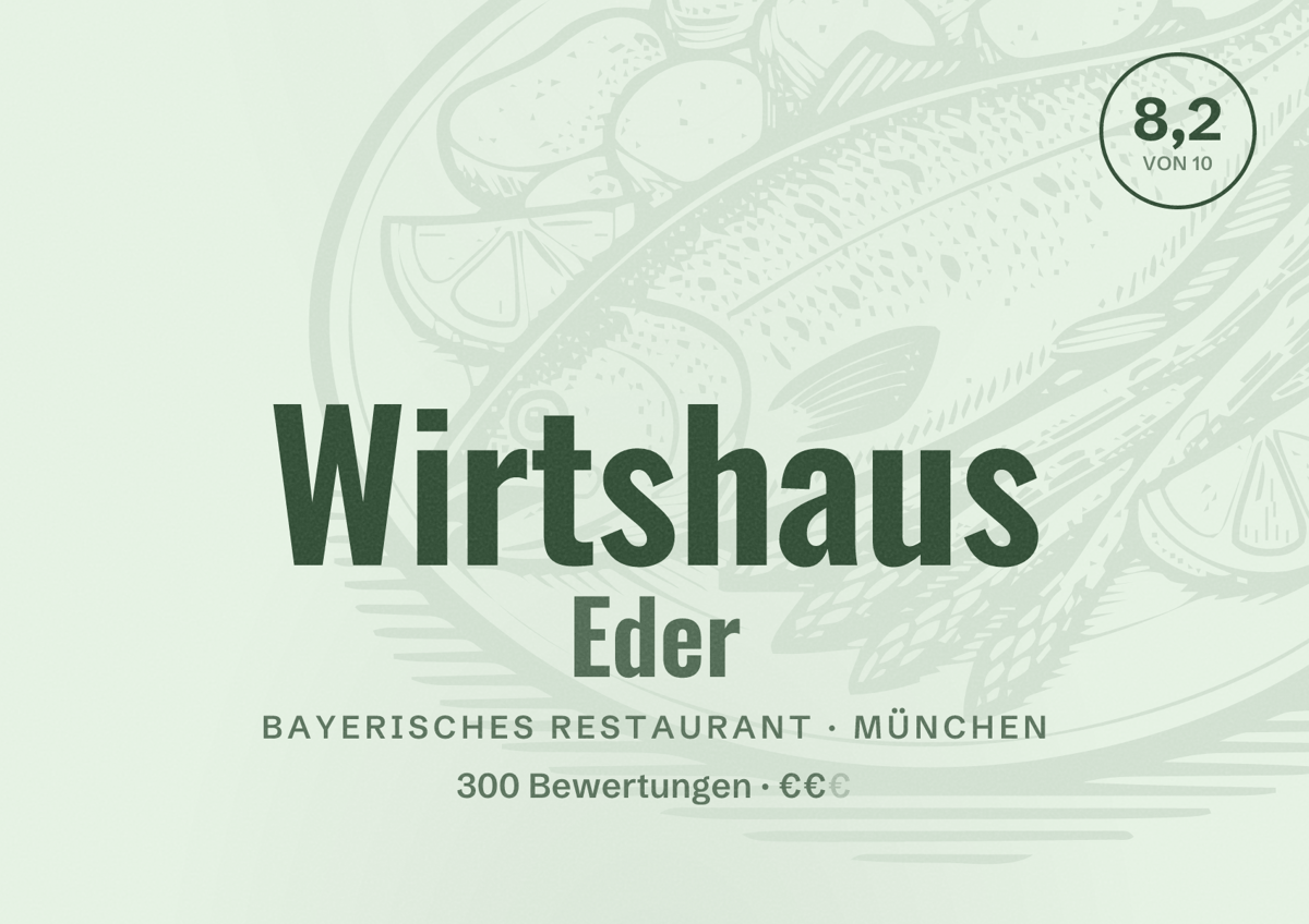 Illustriertes Poster von Wirtshaus Eder, Bayerisches Restaurant in München: Bewertung 8,2 von 10 aus 300 Bewertungen, Preisniveau €€