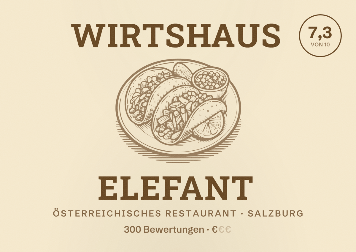 Illustriertes Poster von Wirtshaus Elefant, Österreichisches Restaurant in Salzburg: Bewertung 7,3 von 10 aus 300 Bewertungen, Preisniveau €