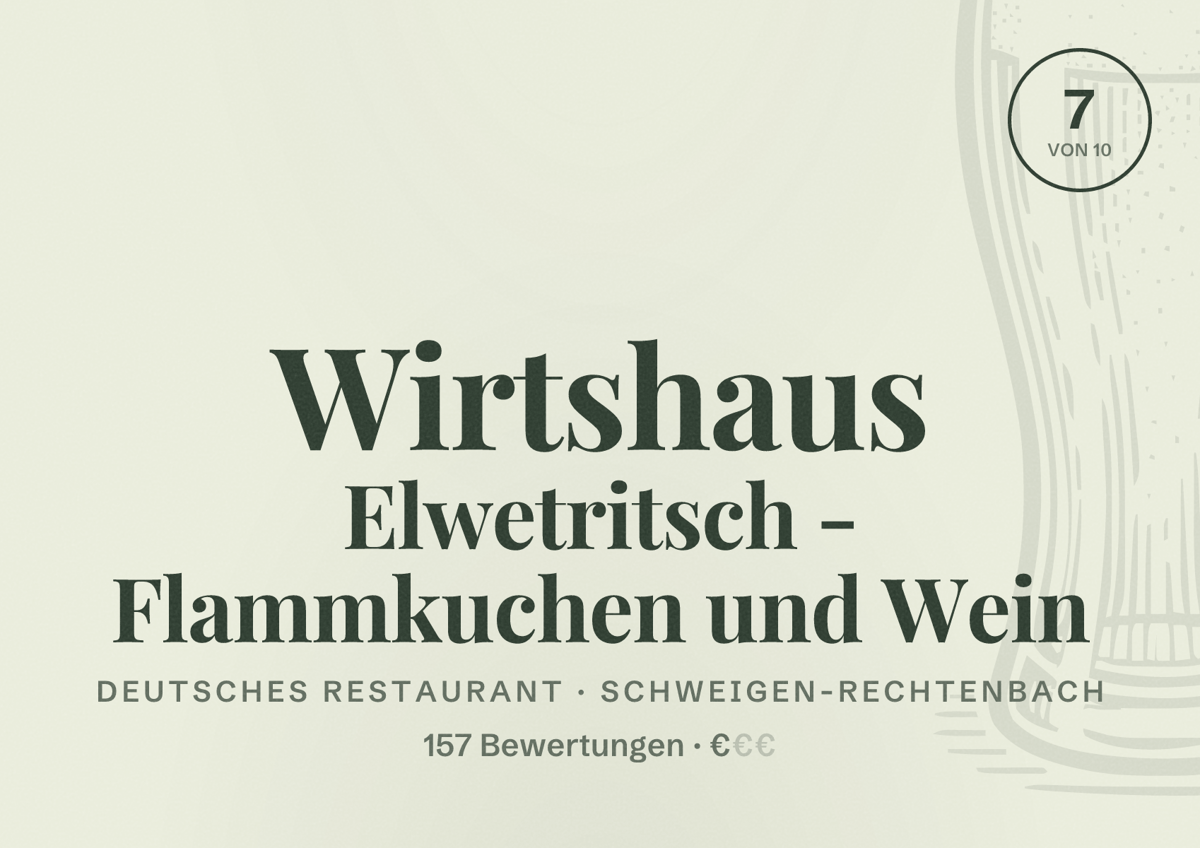 Illustriertes Poster von Wirtshaus Elwetritsch - Flammkuchen und Wein, Deutsches Restaurant in Schweigen-Rechtenbach: Bewertung 7 von 10 aus 157 Bewertungen, Preisniveau €