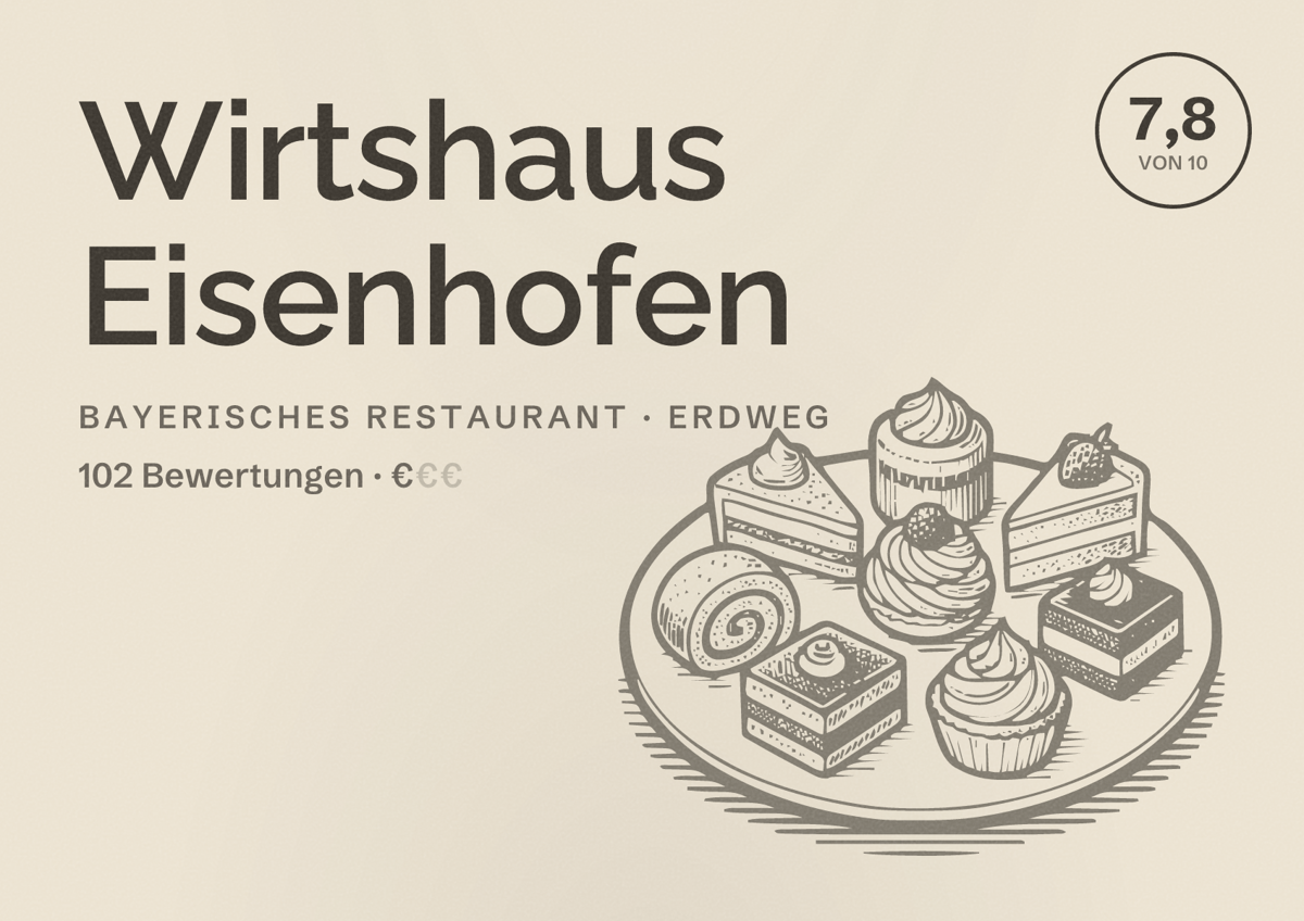 Illustriertes Poster von Wirtshaus Eisenhofen, Bayerisches Restaurant in Erdweg: Bewertung 7,8 von 10 aus 102 Bewertungen, Preisniveau €