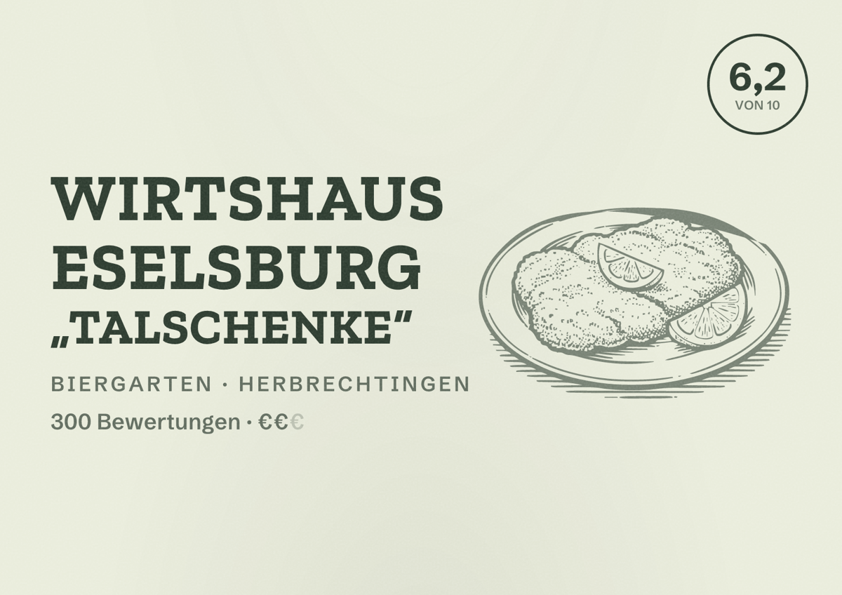 Illustriertes Poster von Wirtshaus Eselsburg „Talschenke“, Biergarten in Herbrechtingen: Bewertung 6,2 von 10 aus 300 Bewertungen, Preisniveau €€