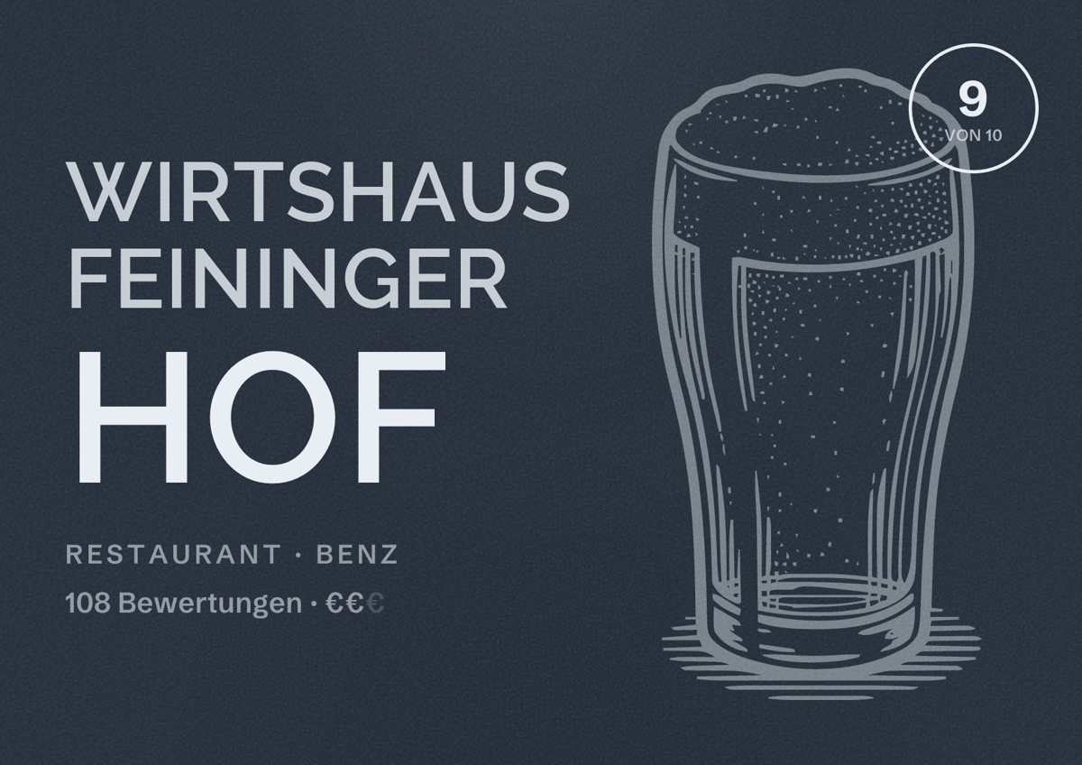 Illustriertes Poster von Wirtshaus Feininger Hof, Restaurant in Benz: Bewertung 9 von 10 aus 108 Bewertungen, Preisniveau €€