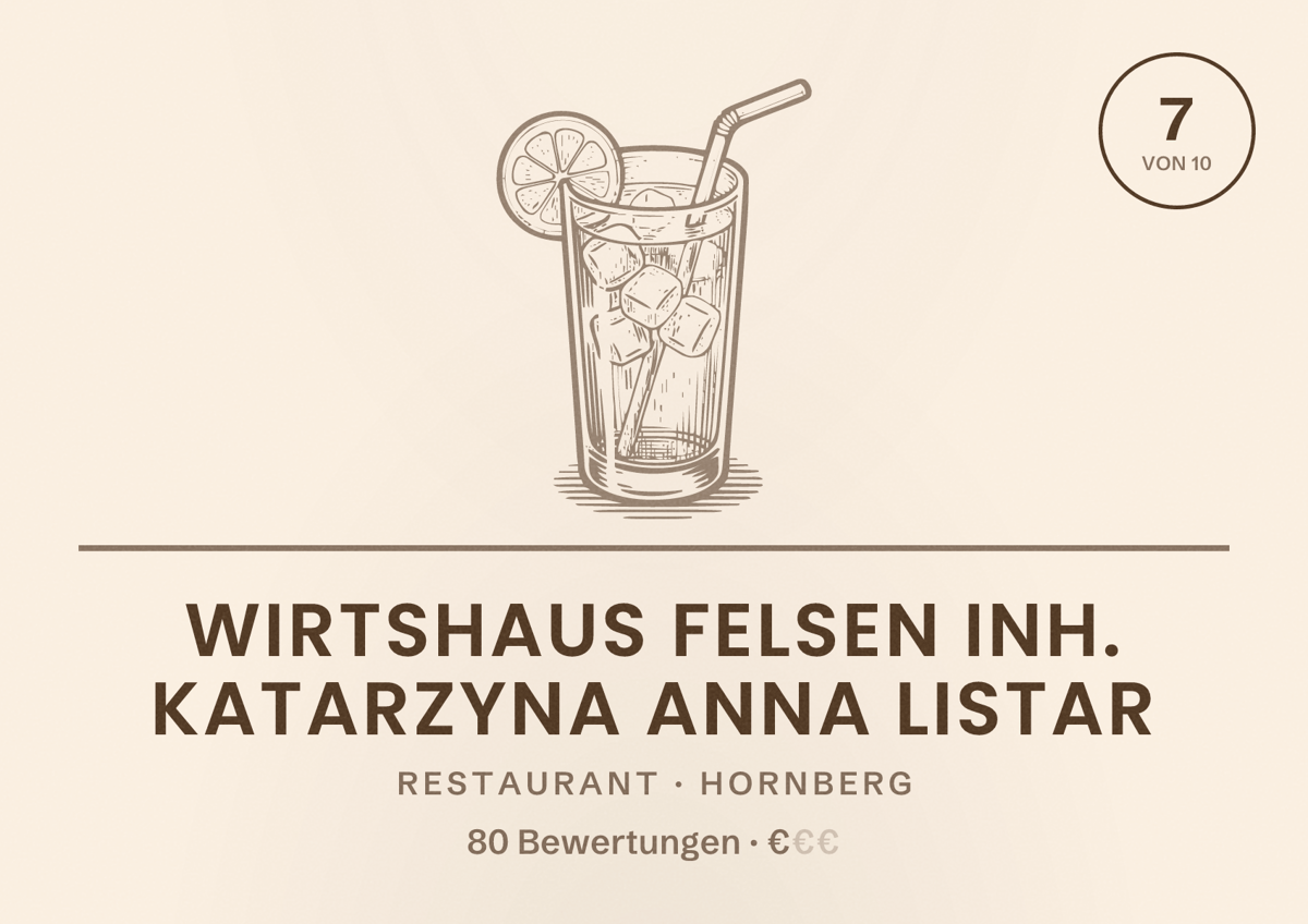Illustriertes Poster von Wirtshaus Felsen Inh. Katarzyna Anna Listar, Restaurant in Hornberg: Bewertung 7 von 10 aus 80 Bewertungen, Preisniveau €