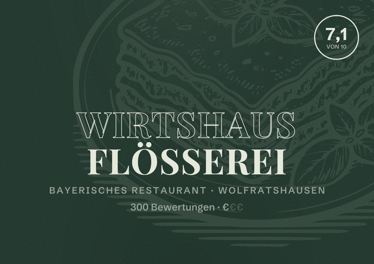 Illustriertes Poster von Wirtshaus Flößerei, Bayerisches Restaurant in Wolfratshausen: Bewertung 7,1 von 10 aus 300 Bewertungen, Preisniveau €