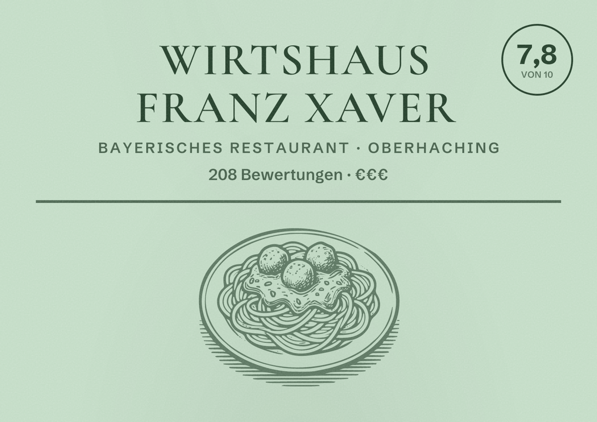 Illustriertes Poster von Wirtshaus Franz Xaver, Bayerisches Restaurant in Oberhaching: Bewertung 7,8 von 10 aus 208 Bewertungen, Preisniveau €€€