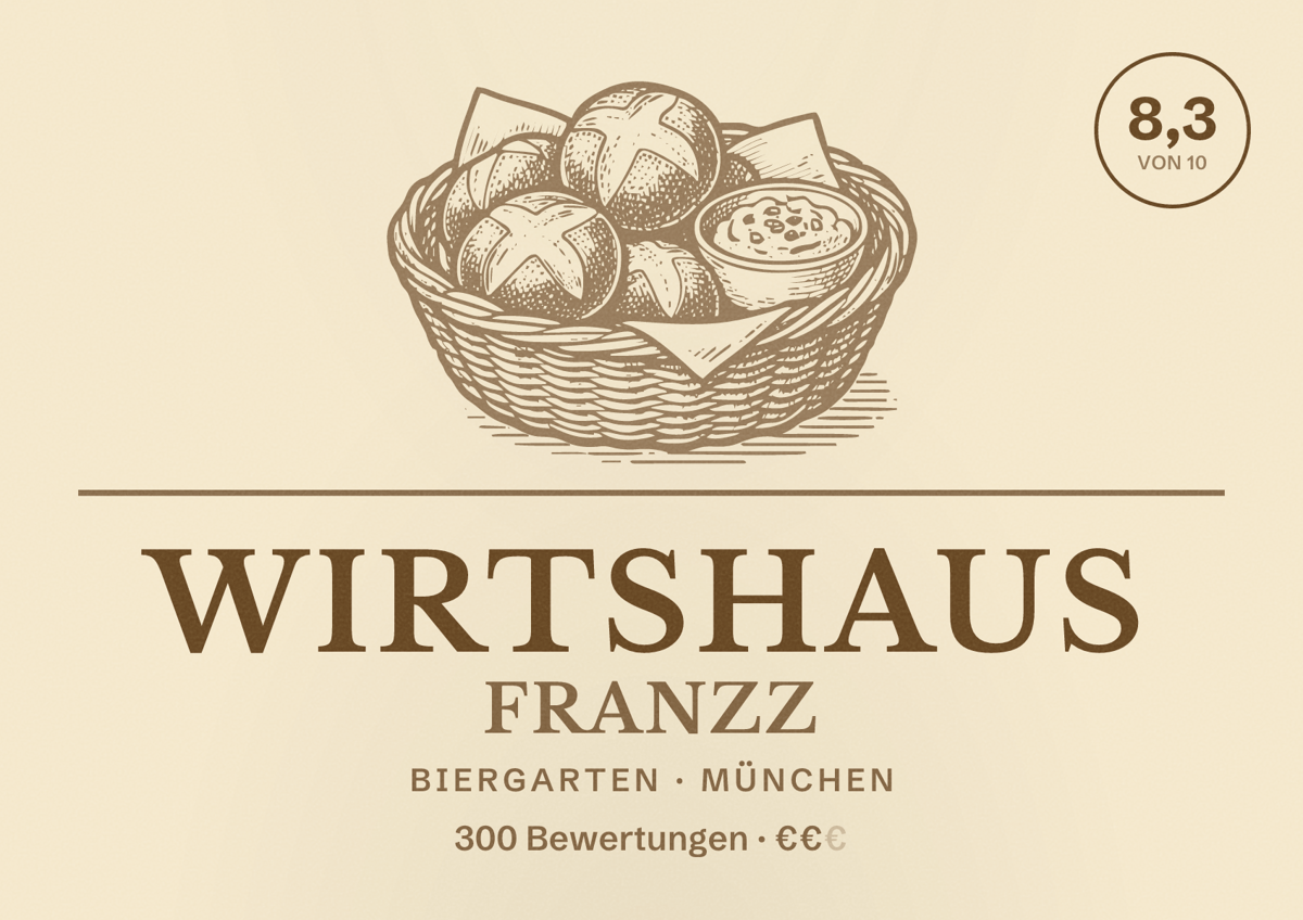 Illustriertes Poster von Wirtshaus Franzz, Biergarten in München: Bewertung 8,3 von 10 aus 300 Bewertungen, Preisniveau €€