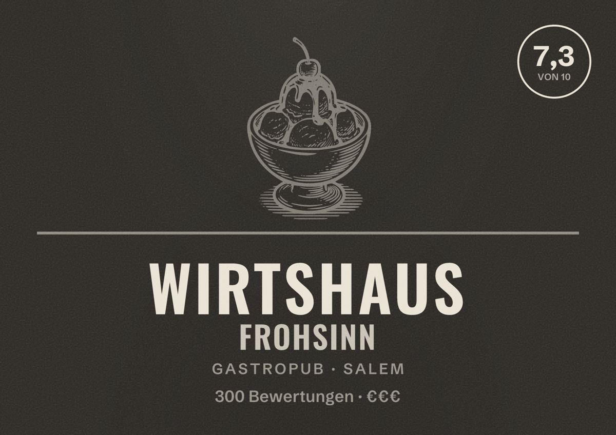 Illustriertes Poster von Wirtshaus Frohsinn, Gastropub in Salem: Bewertung 7,3 von 10 aus 300 Bewertungen, Preisniveau €€€