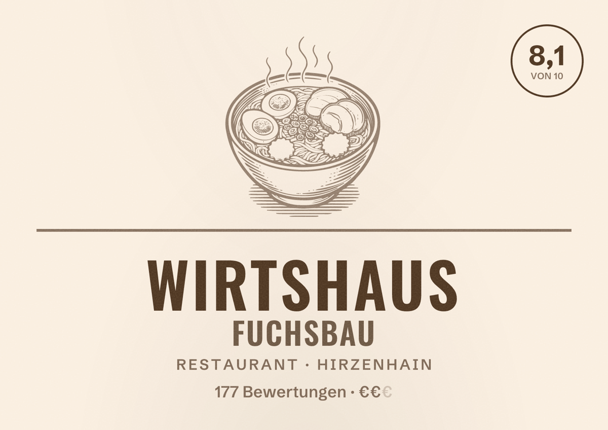 Illustriertes Poster von Wirtshaus Fuchsbau, Restaurant in Hirzenhain: Bewertung 8,1 von 10 aus 177 Bewertungen, Preisniveau €€