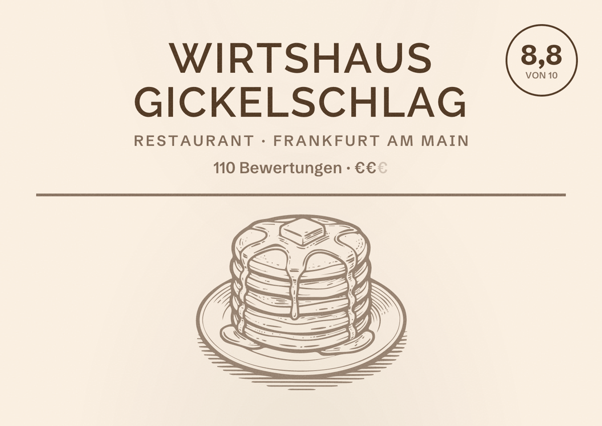Illustriertes Poster von Wirtshaus Gickelschlag, Restaurant in Frankfurt am Main: Bewertung 8,8 von 10 aus 110 Bewertungen, Preisniveau €€