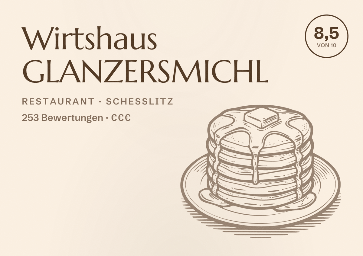 Illustriertes Poster von Wirtshaus GLANZERSMICHL, Restaurant in Scheßlitz: Bewertung 8,5 von 10 aus 253 Bewertungen, Preisniveau €€€