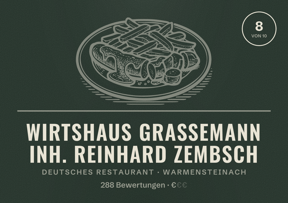 Illustriertes Poster von Wirtshaus Grassemann Inh. Reinhard Zembsch, Deutsches Restaurant in Warmensteinach: Bewertung 8 von 10 aus 288 Bewertungen, Preisniveau €