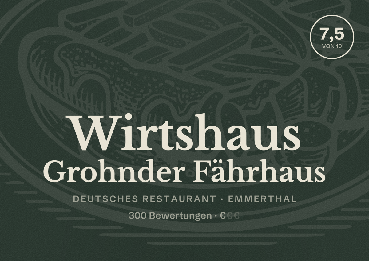 Illustriertes Poster von Wirtshaus Grohnder Fährhaus, Deutsches Restaurant in Emmerthal: Bewertung 7,5 von 10 aus 300 Bewertungen, Preisniveau €