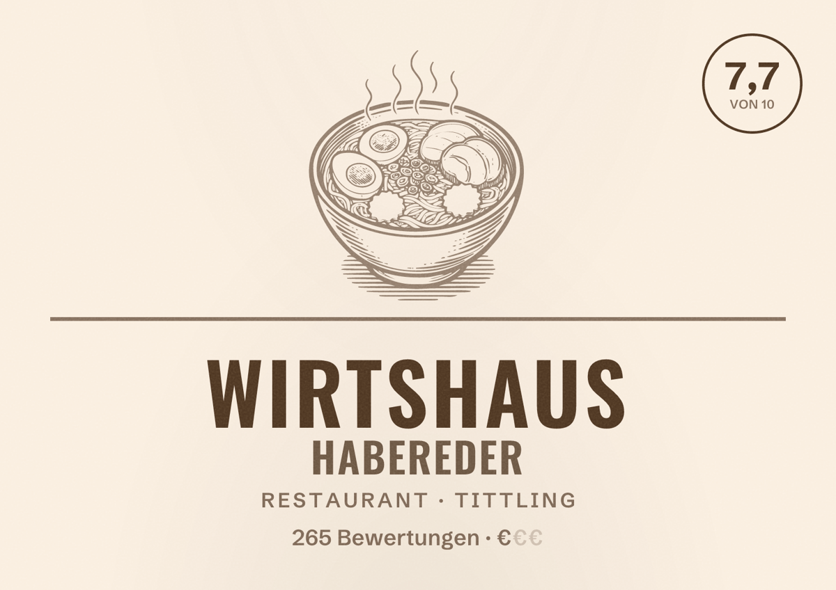 Illustriertes Poster von Wirtshaus Habereder, Restaurant in Tittling: Bewertung 7,7 von 10 aus 265 Bewertungen, Preisniveau €
