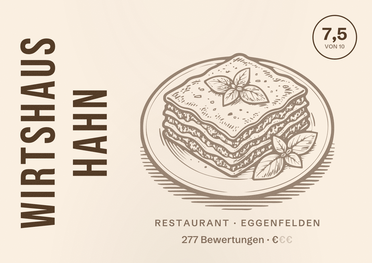 Illustriertes Poster von Wirtshaus Hahn, Restaurant in Eggenfelden: Bewertung 7,5 von 10 aus 277 Bewertungen, Preisniveau €