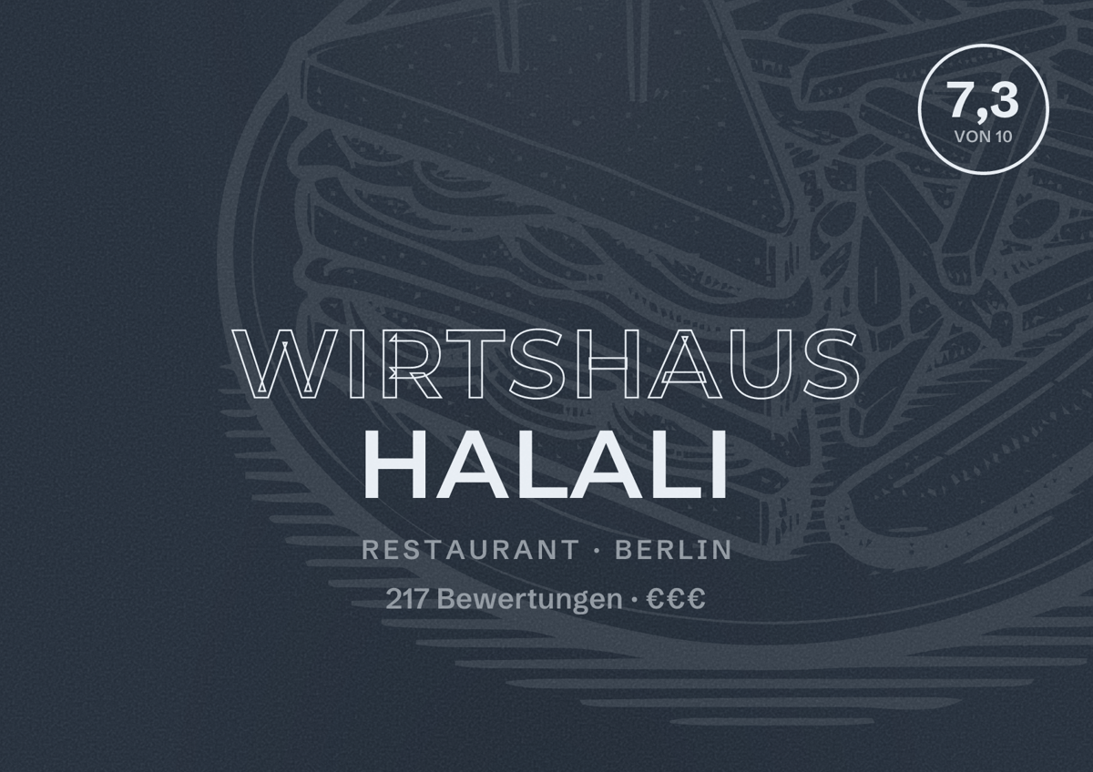 Illustriertes Poster von Wirtshaus Halali, Restaurant in Berlin: Bewertung 7,3 von 10 aus 217 Bewertungen, Preisniveau €€€