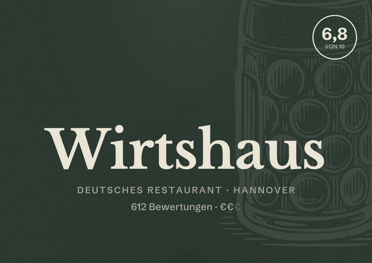 Illustriertes Poster von Wirtshaus, Deutsches Restaurant in Hannover: Bewertung 6,8 von 10 aus 612 Bewertungen, Preisniveau €€