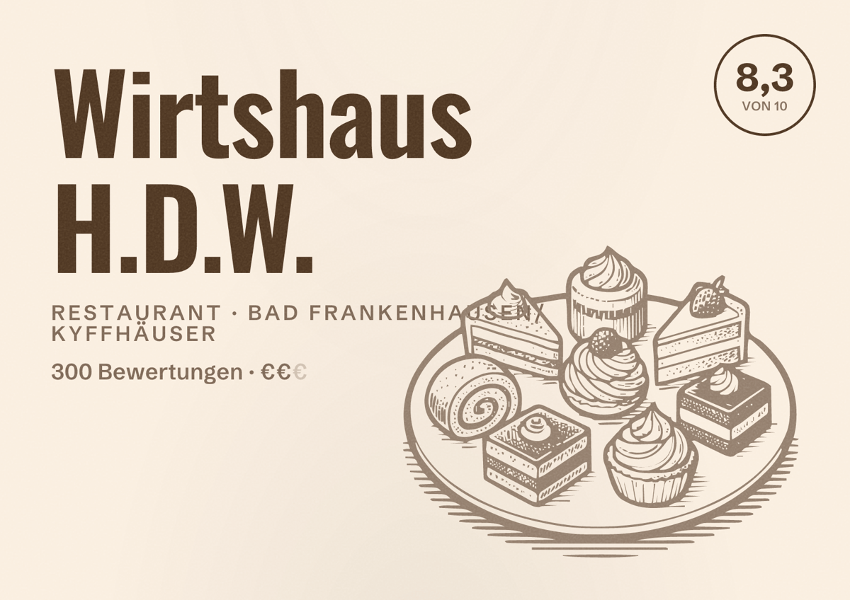 Illustriertes Poster von Wirtshaus H.D.W., Restaurant in Bad Frankenhausen/Kyffhäuser: Bewertung 8,3 von 10 aus 300 Bewertungen, Preisniveau €€