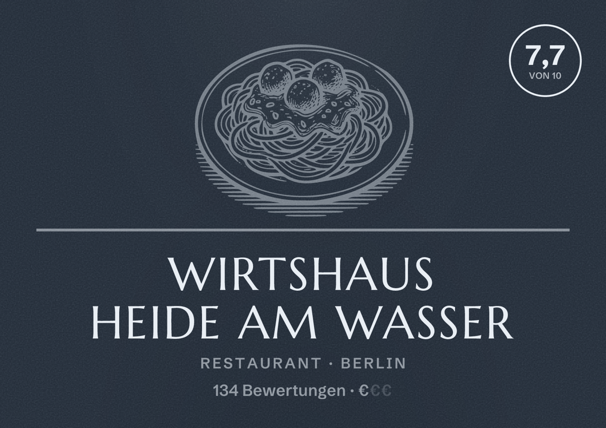 Illustriertes Poster von Wirtshaus Heide am Wasser, Restaurant in Berlin: Bewertung 7,7 von 10 aus 134 Bewertungen, Preisniveau €