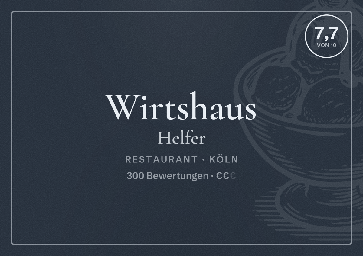 Illustriertes Poster von Wirtshaus Helfer, Restaurant in Köln: Bewertung 7,7 von 10 aus 300 Bewertungen, Preisniveau €€