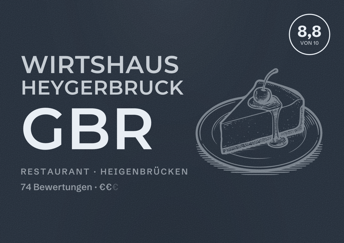 Illustriertes Poster von Wirtshaus Heygerbruck GbR, Restaurant in Heigenbrücken: Bewertung 8,8 von 10 aus 74 Bewertungen, Preisniveau €€