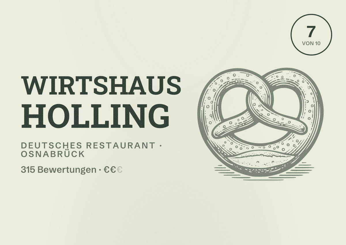 Illustriertes Poster von Wirtshaus Holling, Deutsches Restaurant in Osnabrück: Bewertung 7 von 10 aus 315 Bewertungen, Preisniveau €€