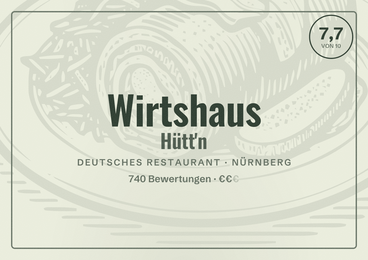 Illustriertes Poster von Wirtshaus Hütt'n, Deutsches Restaurant in Nürnberg: Bewertung 7,7 von 10 aus 740 Bewertungen, Preisniveau €€