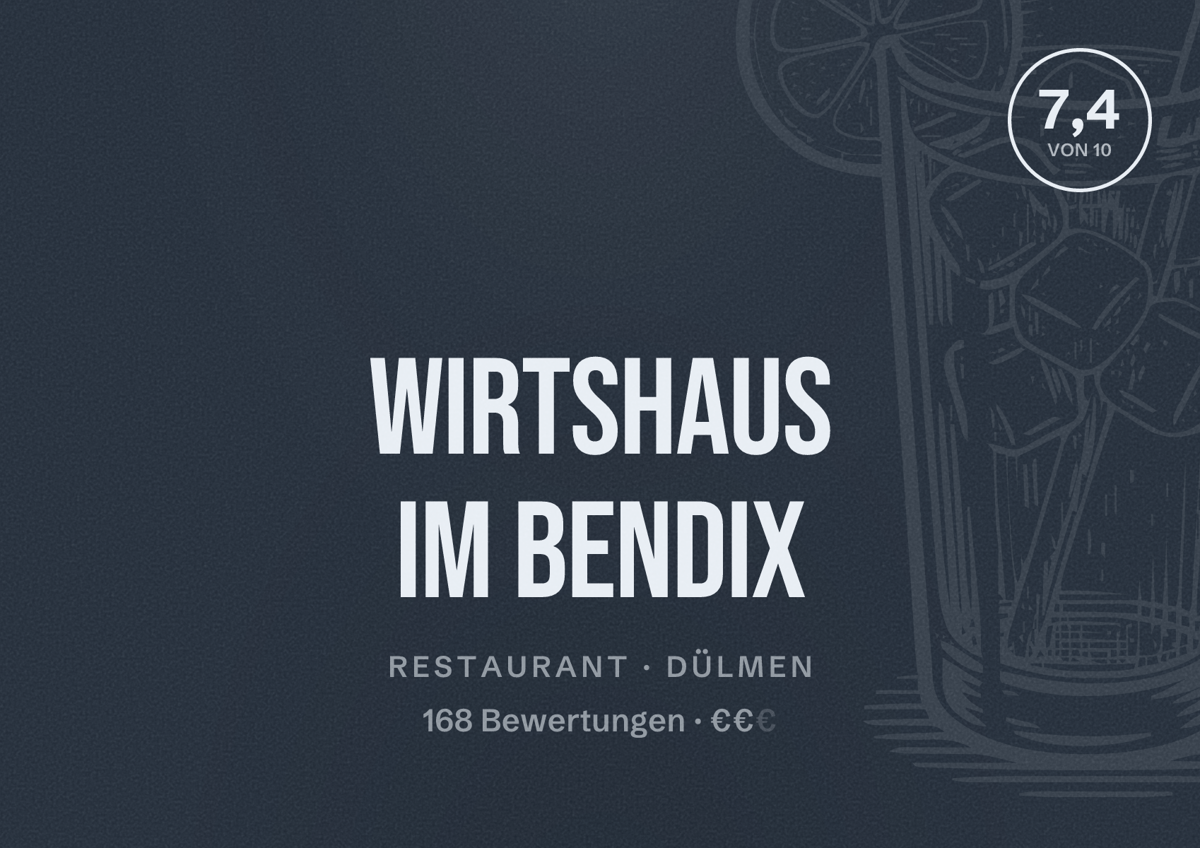 Illustriertes Poster von Wirtshaus im Bendix, Restaurant in Dülmen: Bewertung 7,4 von 10 aus 168 Bewertungen, Preisniveau €€