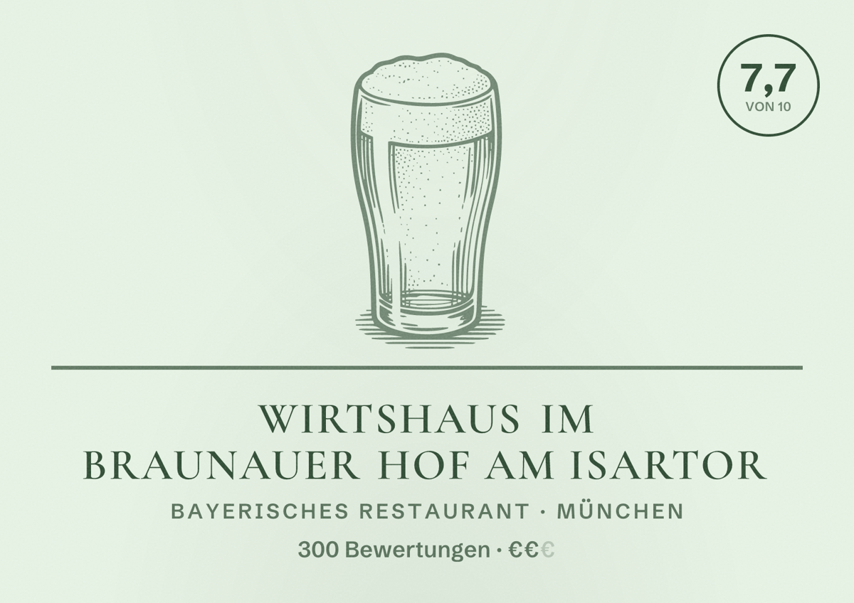 Illustriertes Poster von Wirtshaus im Braunauer Hof am Isartor, Bayerisches Restaurant in München: Bewertung 7,7 von 10 aus 300 Bewertungen, Preisniveau €€