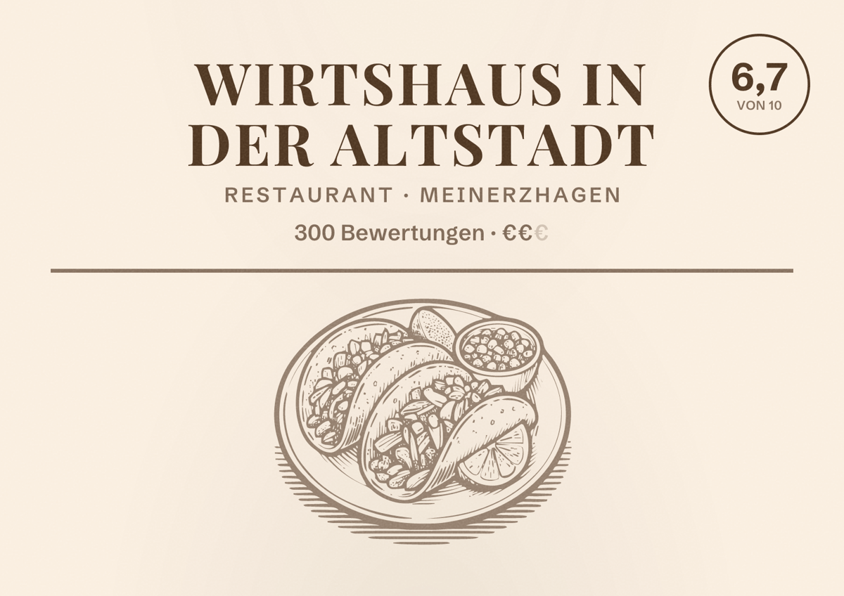 Illustriertes Poster von Wirtshaus in der Altstadt, Restaurant in Meinerzhagen: Bewertung 6,7 von 10 aus 300 Bewertungen, Preisniveau €€