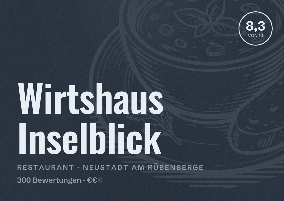 Illustriertes Poster von Wirtshaus Inselblick, Restaurant in Neustadt am Rübenberge: Bewertung 8,3 von 10 aus 300 Bewertungen, Preisniveau €€