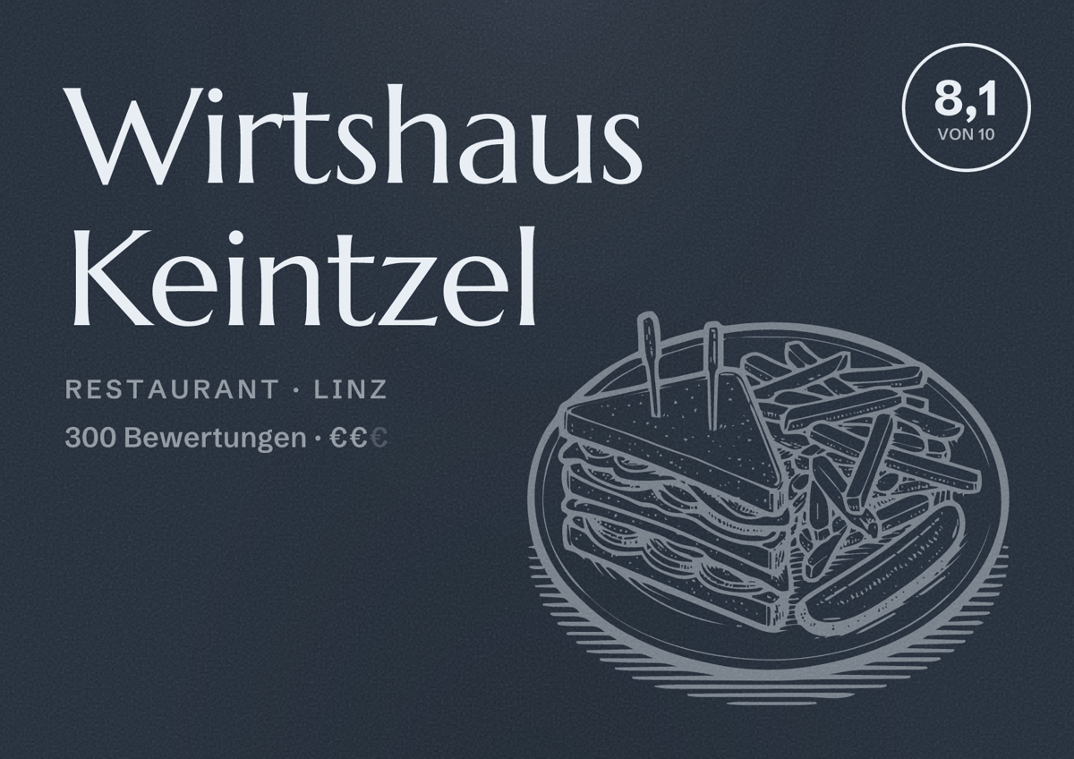 Illustriertes Poster von Wirtshaus Keintzel, Restaurant in Linz: Bewertung 8,1 von 10 aus 300 Bewertungen, Preisniveau €€