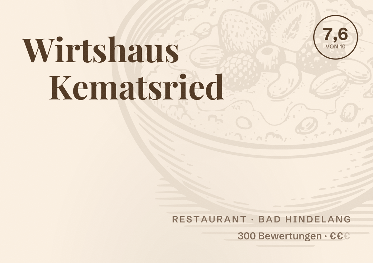 Illustriertes Poster von Wirtshaus Kematsried, Restaurant in Bad Hindelang: Bewertung 7,6 von 10 aus 300 Bewertungen, Preisniveau €€