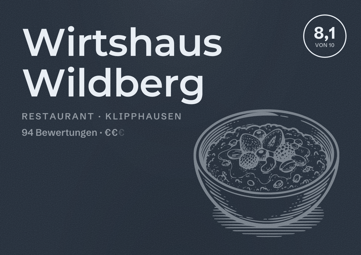 Illustriertes Poster von Wirtshaus Wildberg, Restaurant in Klipphausen: Bewertung 8,1 von 10 aus 94 Bewertungen, Preisniveau €€
