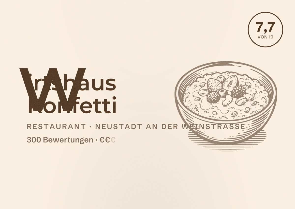 Illustriertes Poster von Wirtshaus Konfetti, Restaurant in Neustadt an der Weinstraße: Bewertung 7,7 von 10 aus 300 Bewertungen, Preisniveau €€